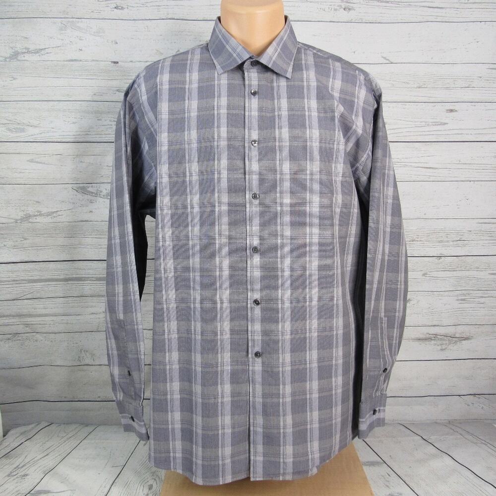Calvin Klein Men's Button Front Plaid Dress Shirt Regular Fit Size 17.5
